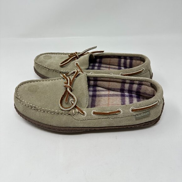 LL Bean Women's Handsewn Suede Flannel Lined Moccasin Peat Moss Slip On - Picture 2 of 12